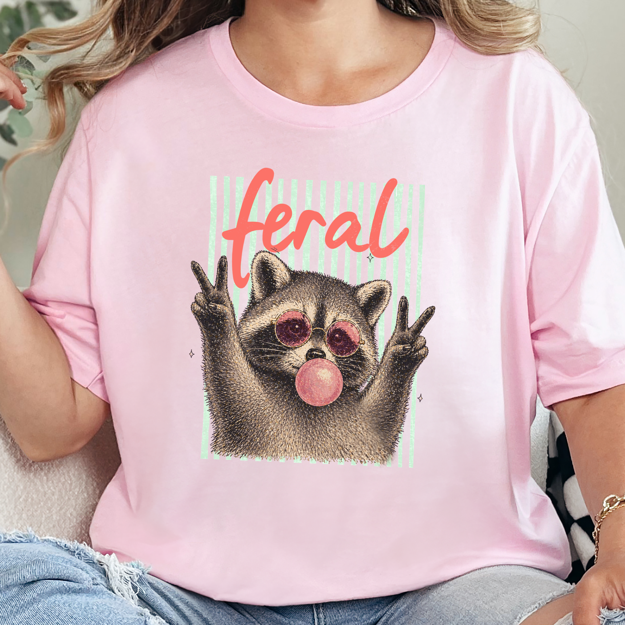 Feral Raccoon Graphic Tee - Soft Pink Tee