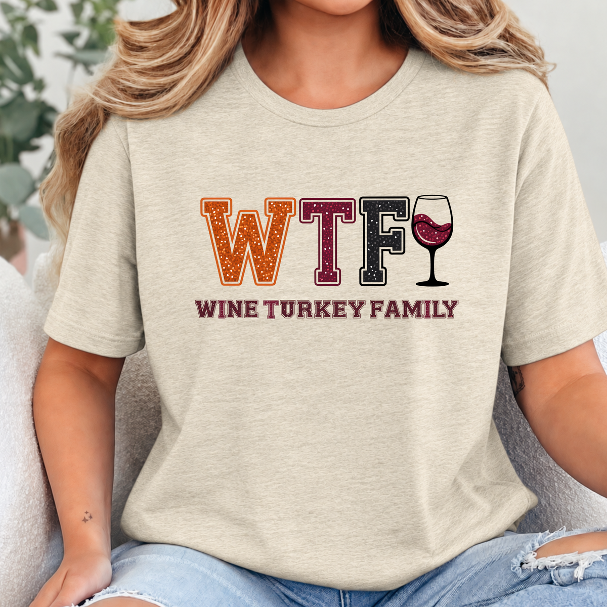 Wine Turkey Family Graphic Tee- Heather Soft Cream
