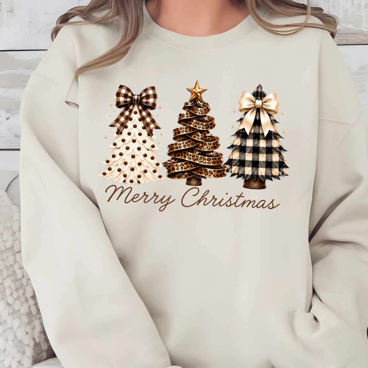 Rustic Plaid Christmas Trees Graphic Sweatshirt - Sand