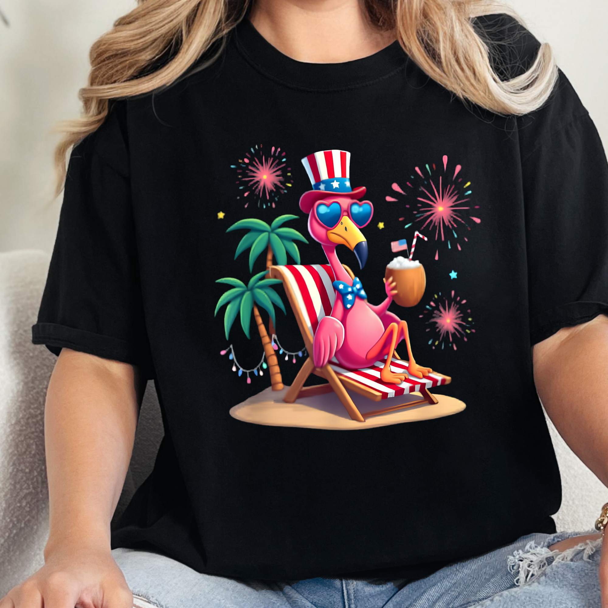 Beach Flamingo Graphic Tee - Black Tee