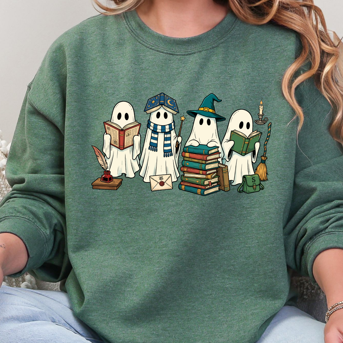 Ghosts Reading Books Graphic Tee- Heather Dark Green
