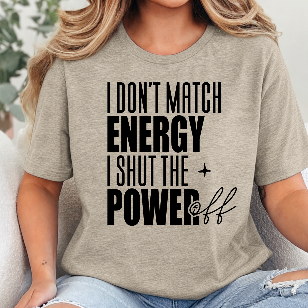 Shut the Power Off Words Graphic Tee - Heather Tan