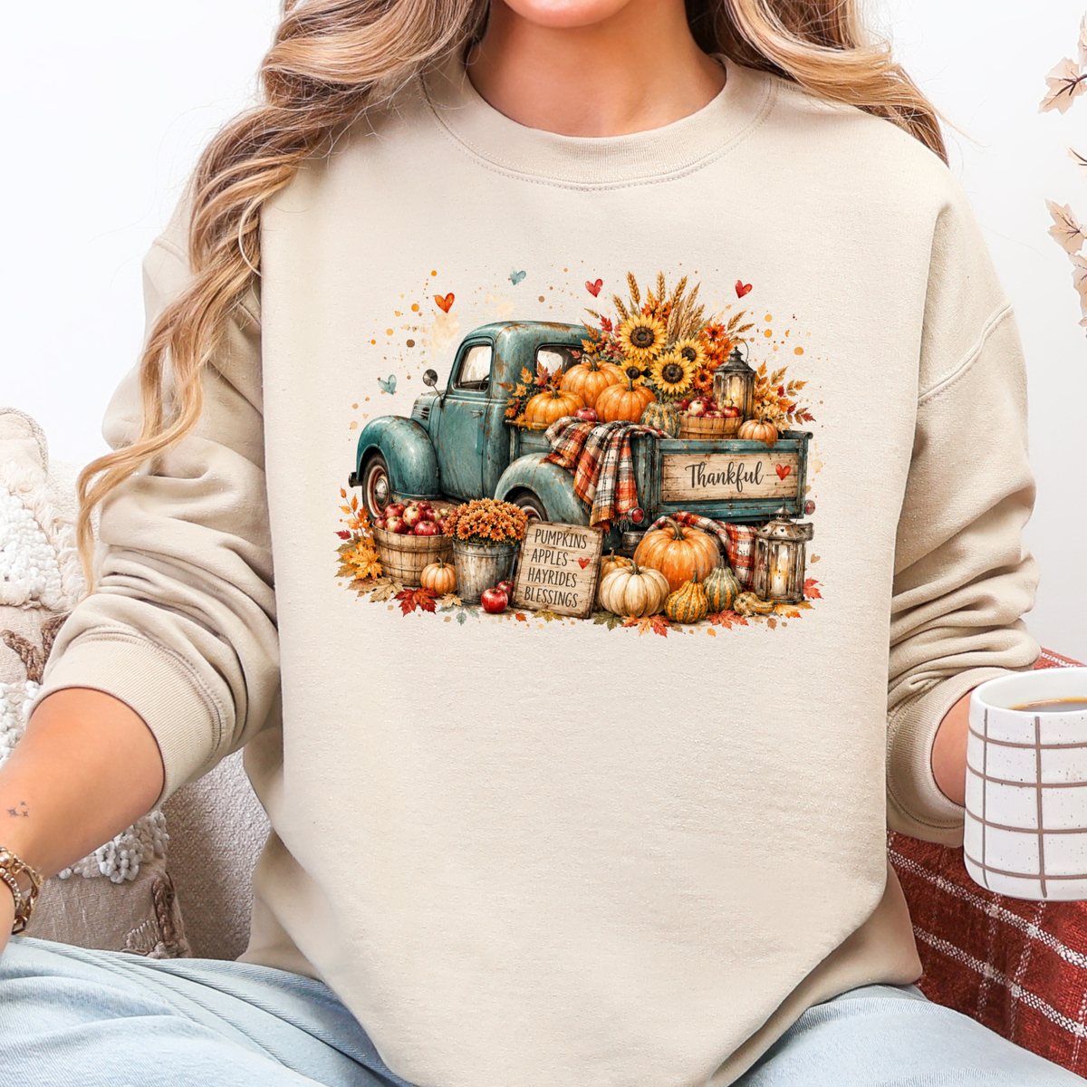 Autumn Truck Pumpkin Graphic Sweatshirt - Sand