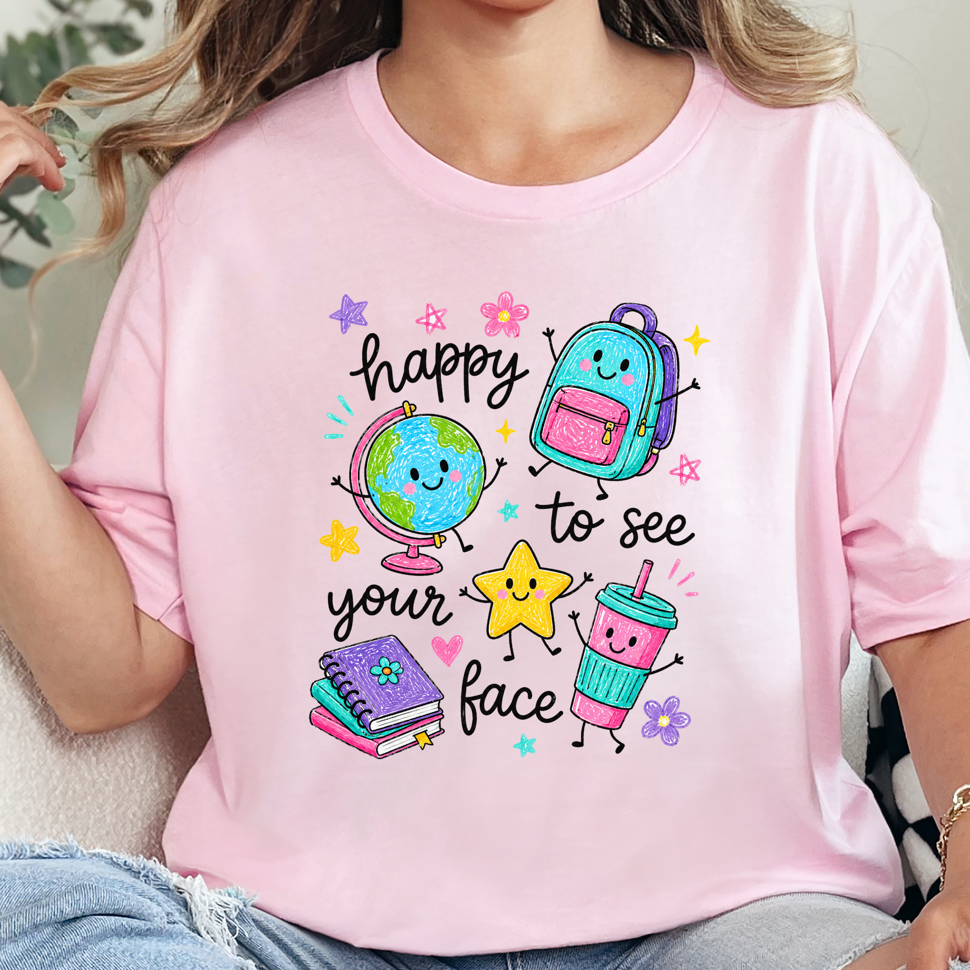 Teacher Happy to See Your Face Graphic Tee - Soft Pink