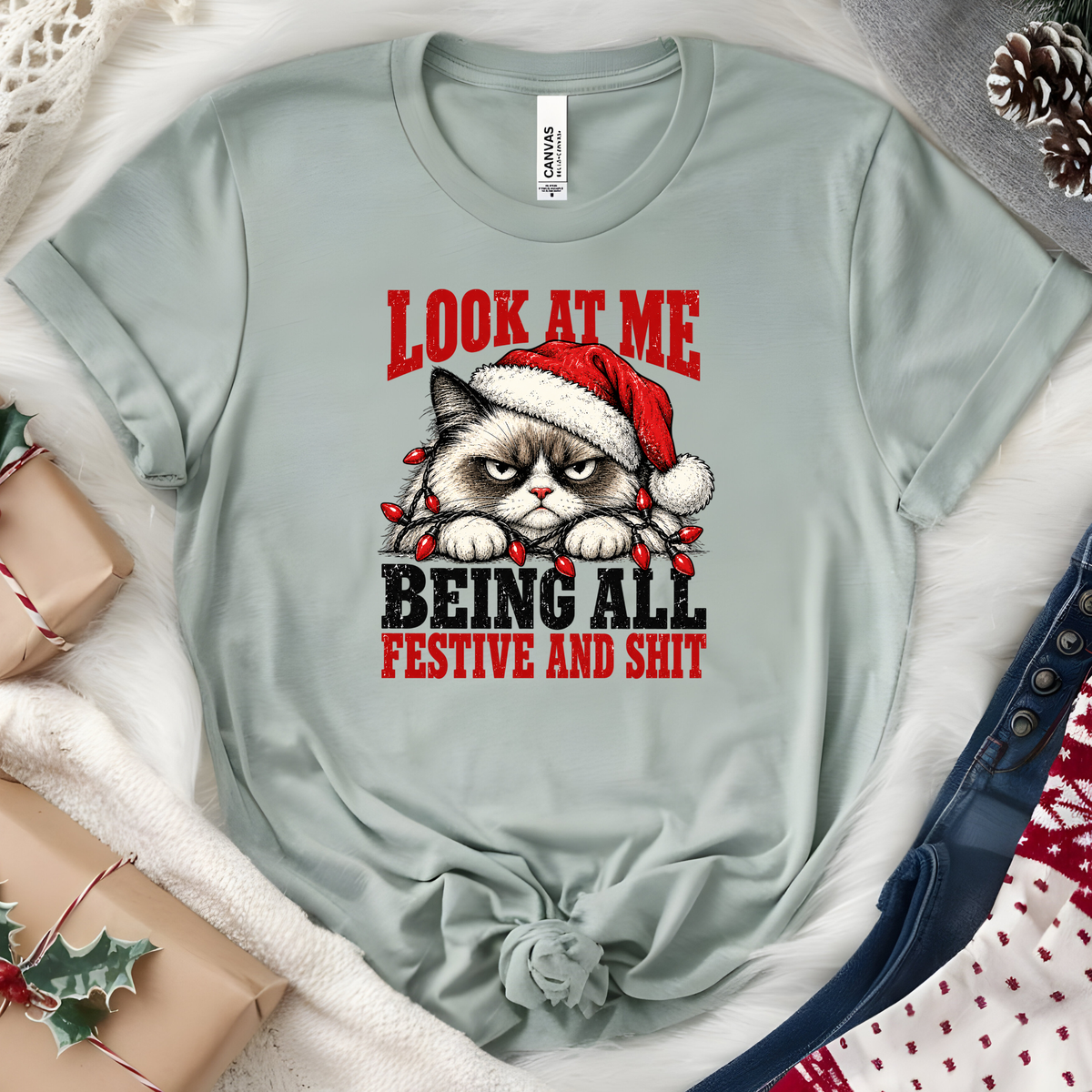 Grumpy Christmas Cat Graphic Tee - Heather Sage