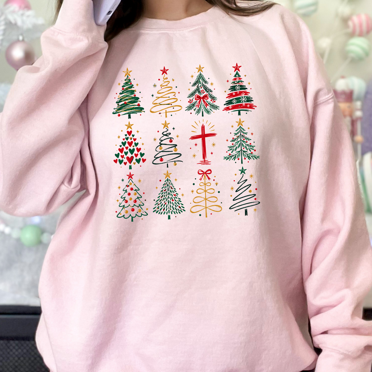Christmas Tree Grid Graphic Sweatshirt - Light Pink