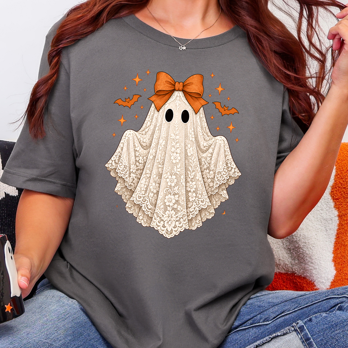Coquette Halloween Lace Ghost Graphic Tee - Asphalt