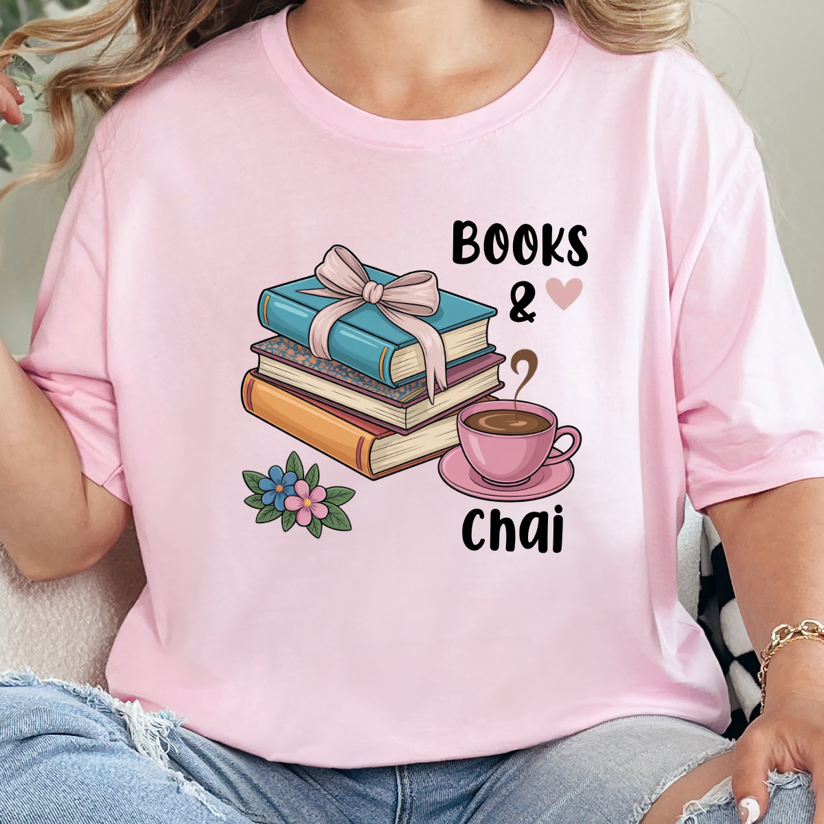 Books & Chai Graphic Tee - Soft Pink Tee