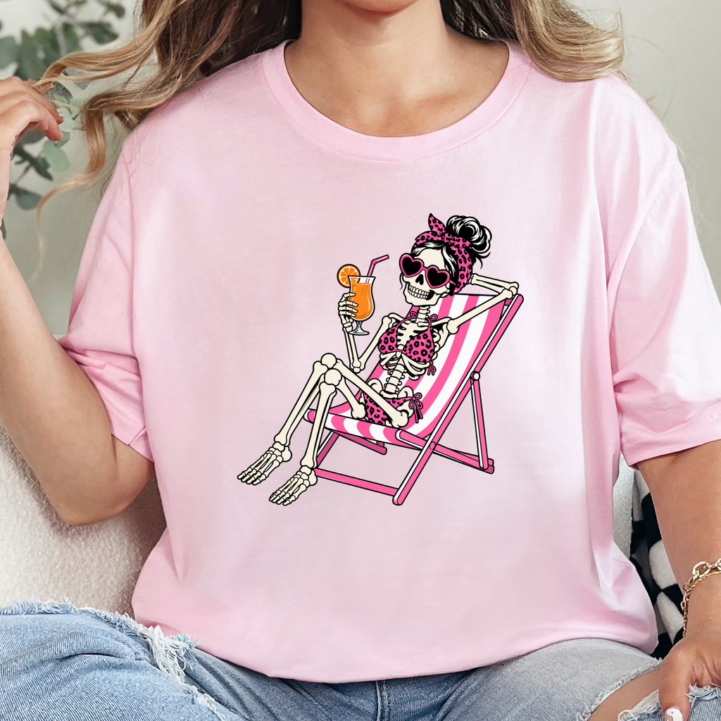 Skeleton in Lawn Chair Graphic Tee - Soft Pink