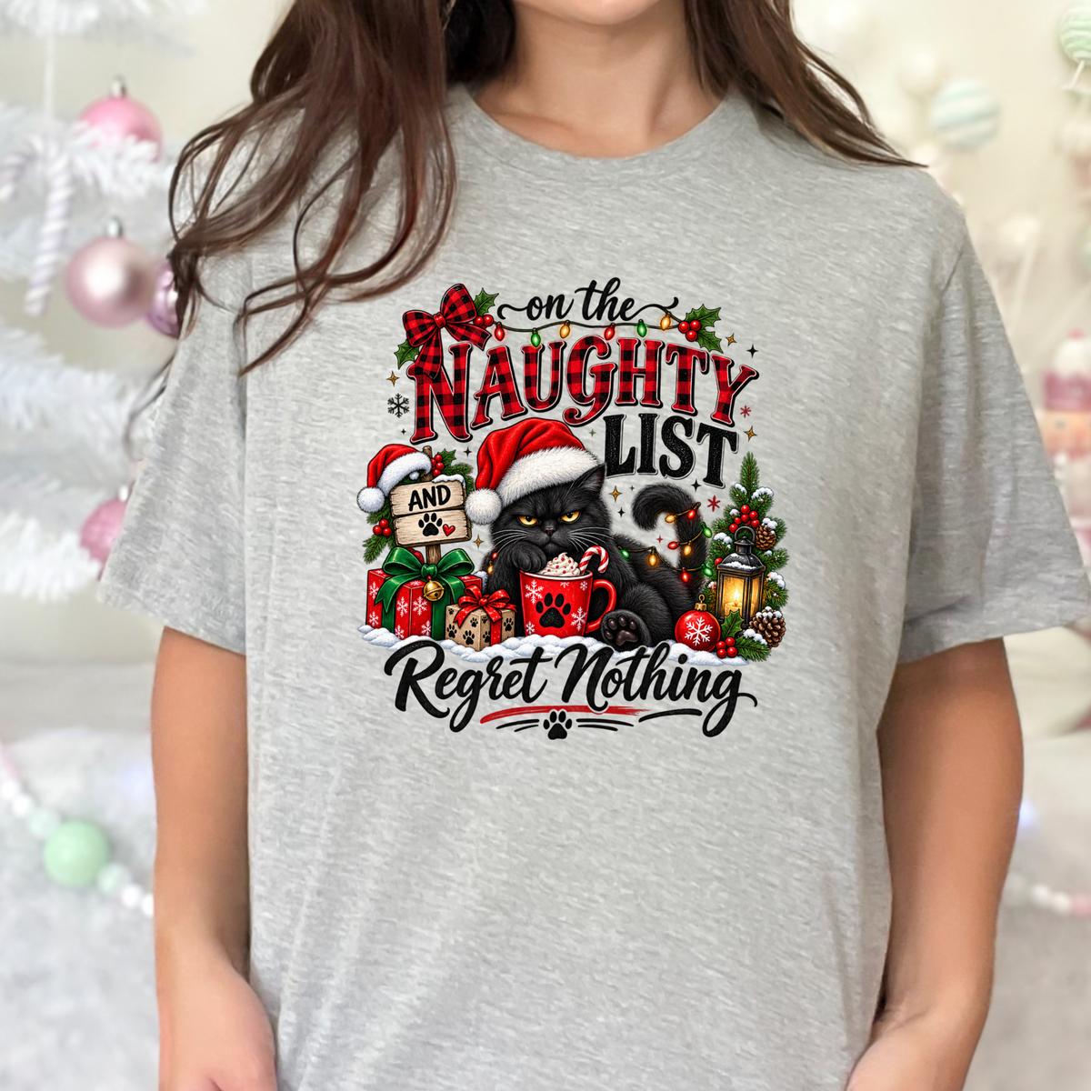 On The Naughty List Cat Graphic Tee - Grey