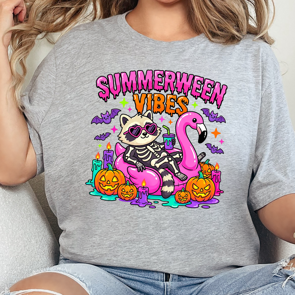Summerween Vibes Raccoon Graphic Tee - Grey