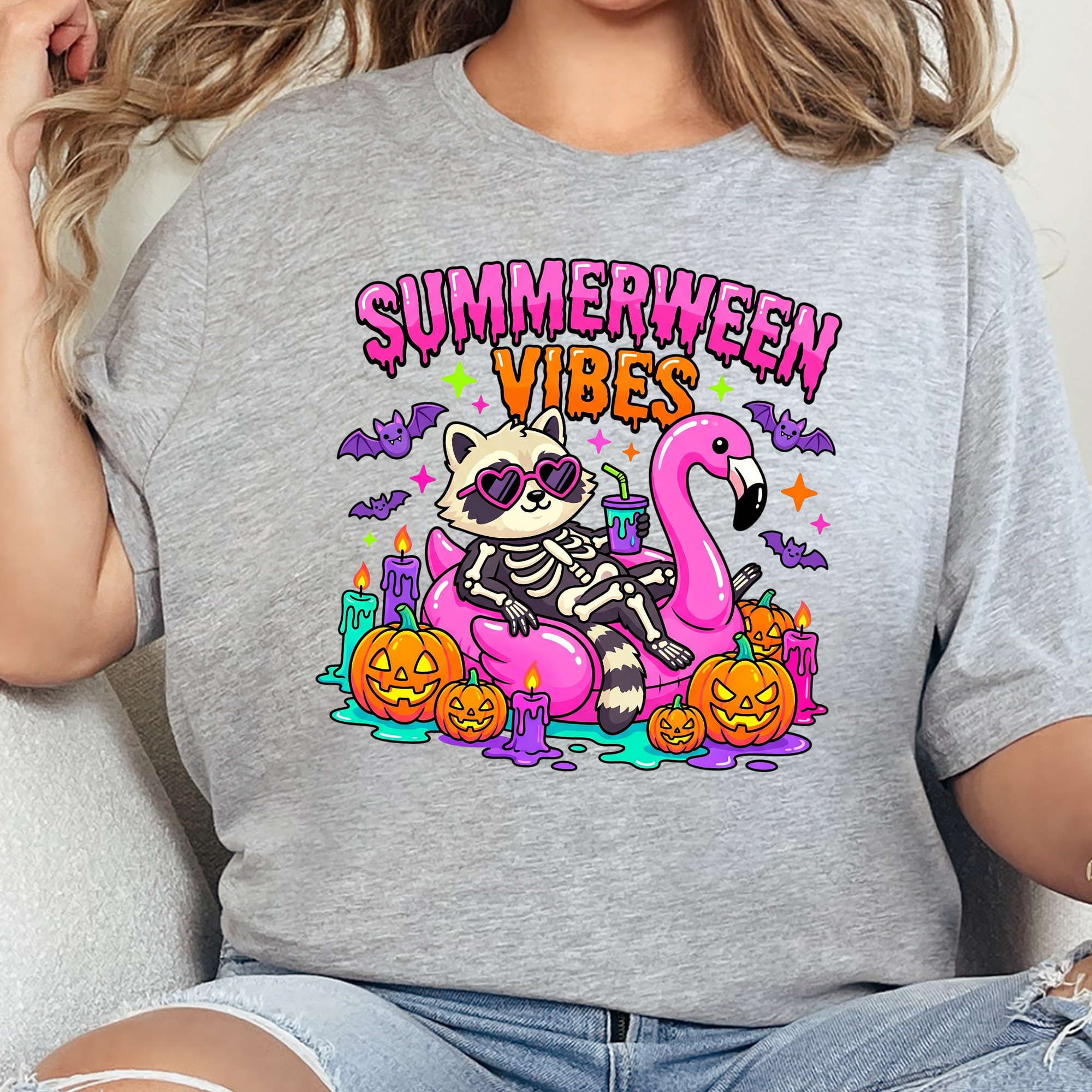 Summerween Vibes Raccoon Graphic Tee - Grey