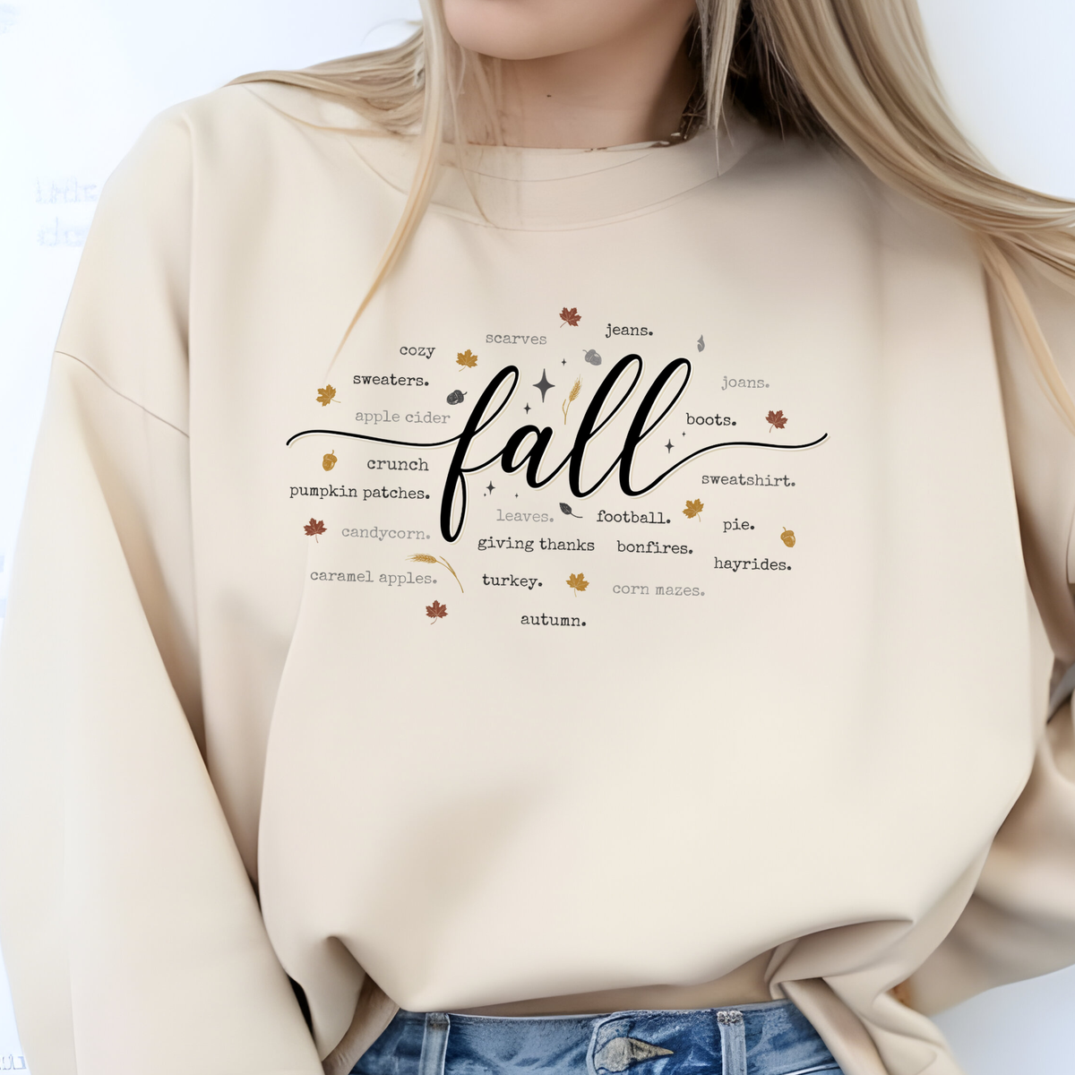 Cozy Fall Words Graphic Sweatshirt - Sand