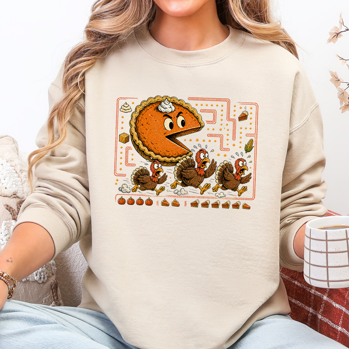 Thanksgiving Pie Chasing Turkey Graphic Sweatshirt - Sand