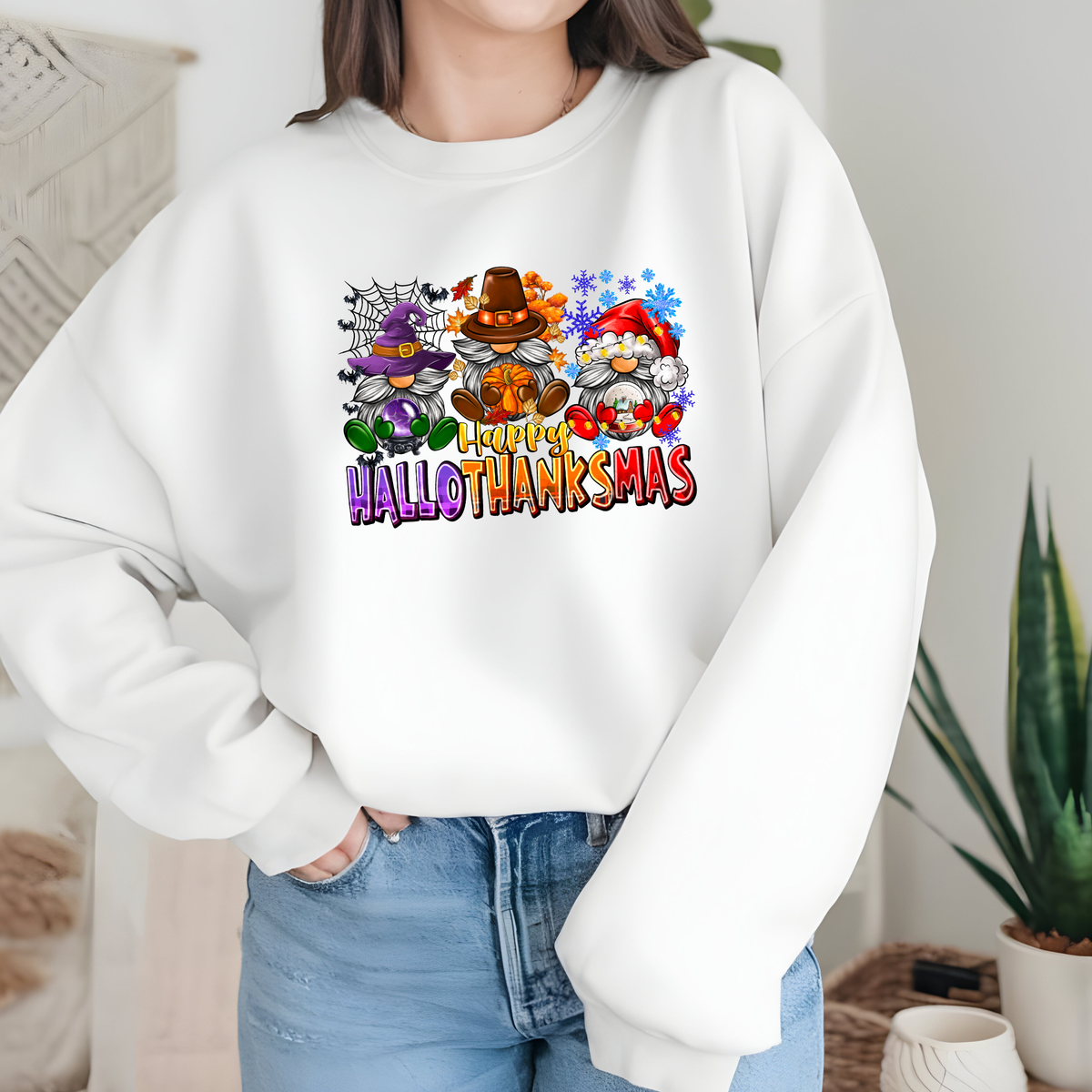 Happy Hallothanksmas Gnomes Sweatshirt - White Sweatshirt