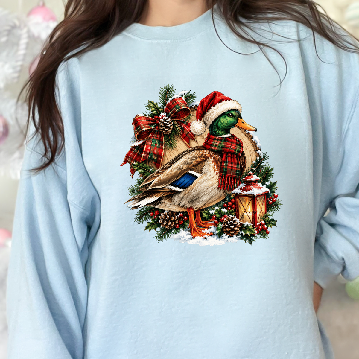 Christmas Mallard Duck Graphic Sweatshirt - Light Blue