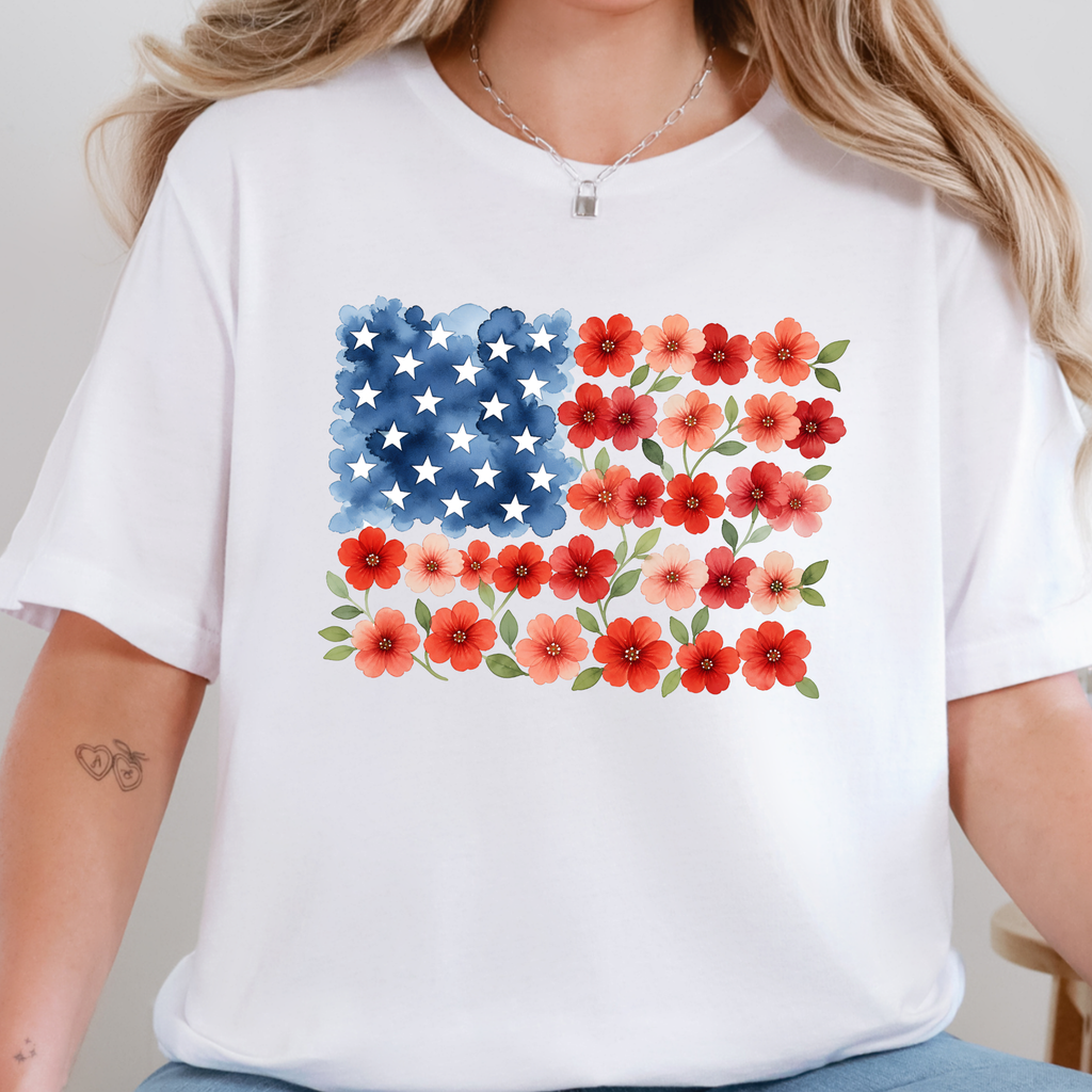 Floral American Flag Graphic Tee - White