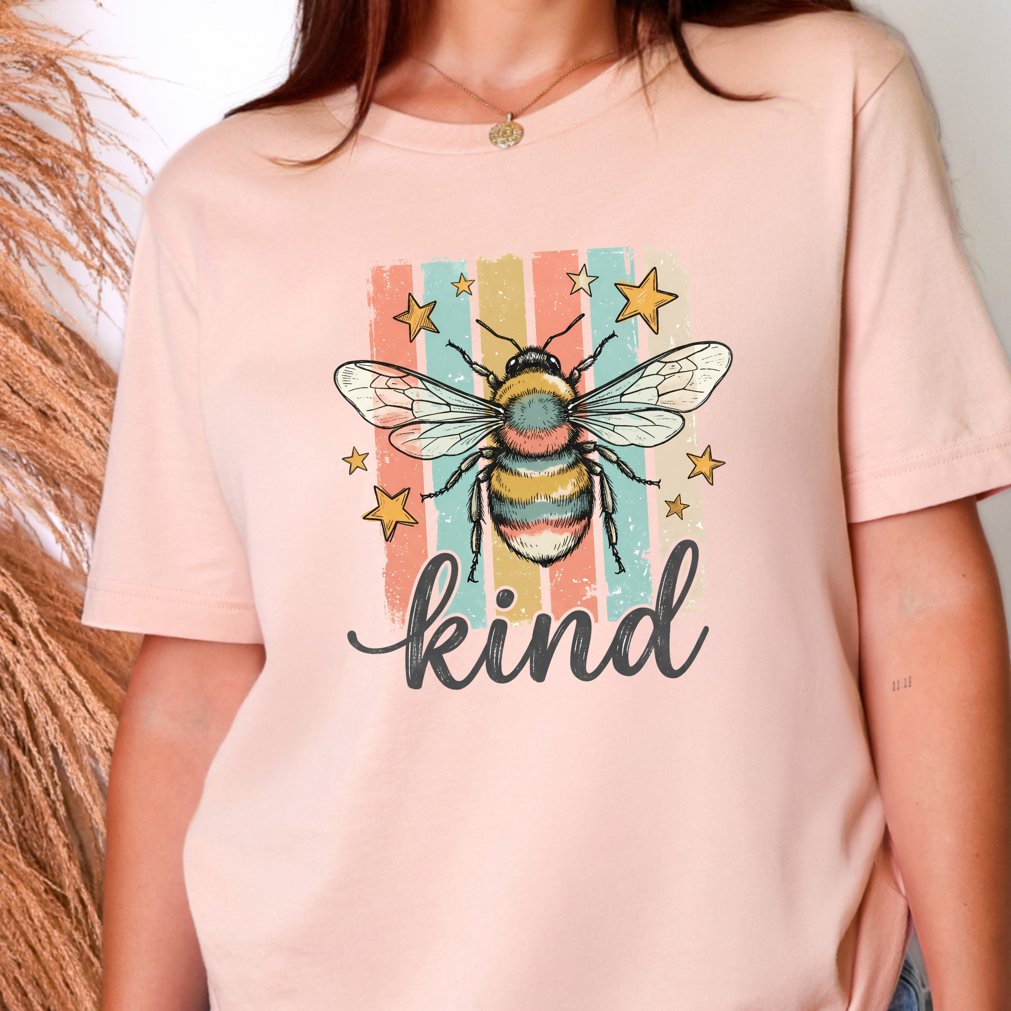 Bee Kind Striped Graphic Tee - Peach Tee