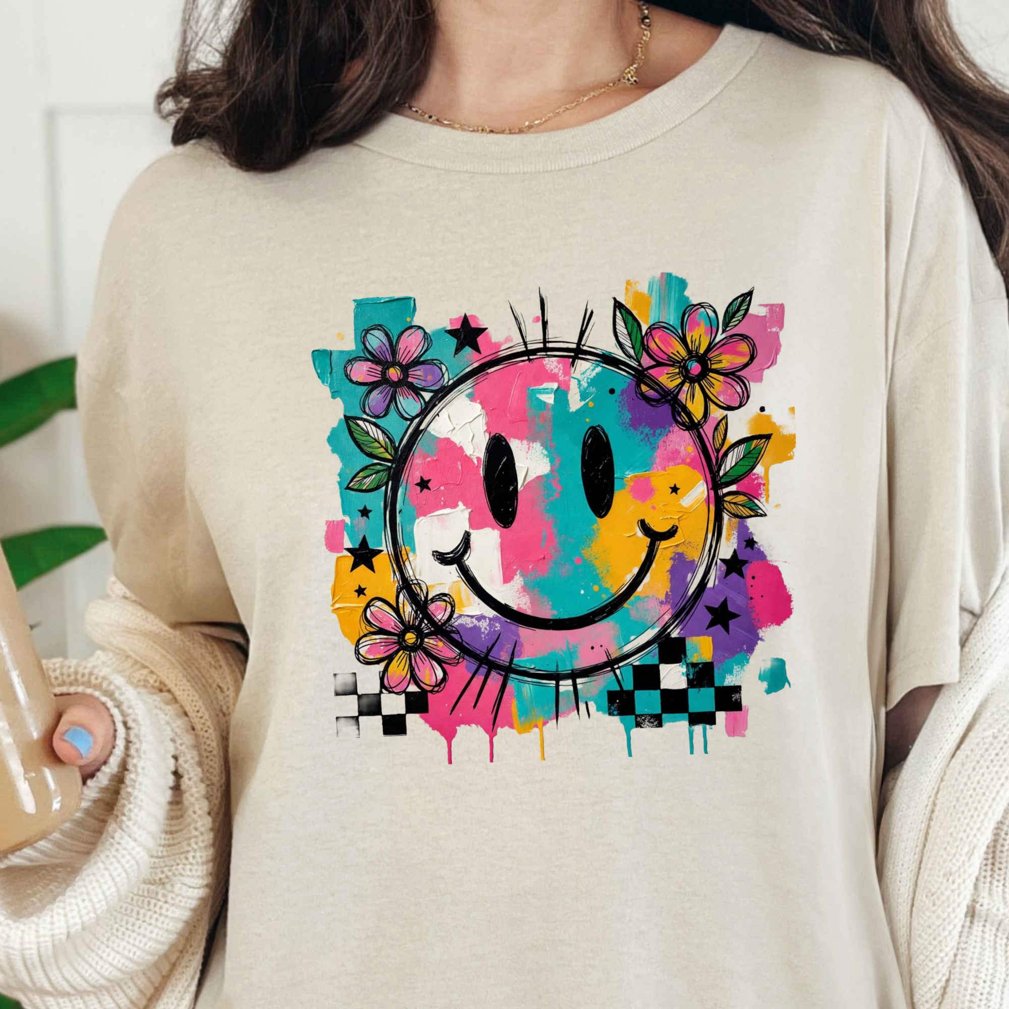 Floral Happy Face Graphic Tee - Natural Tee