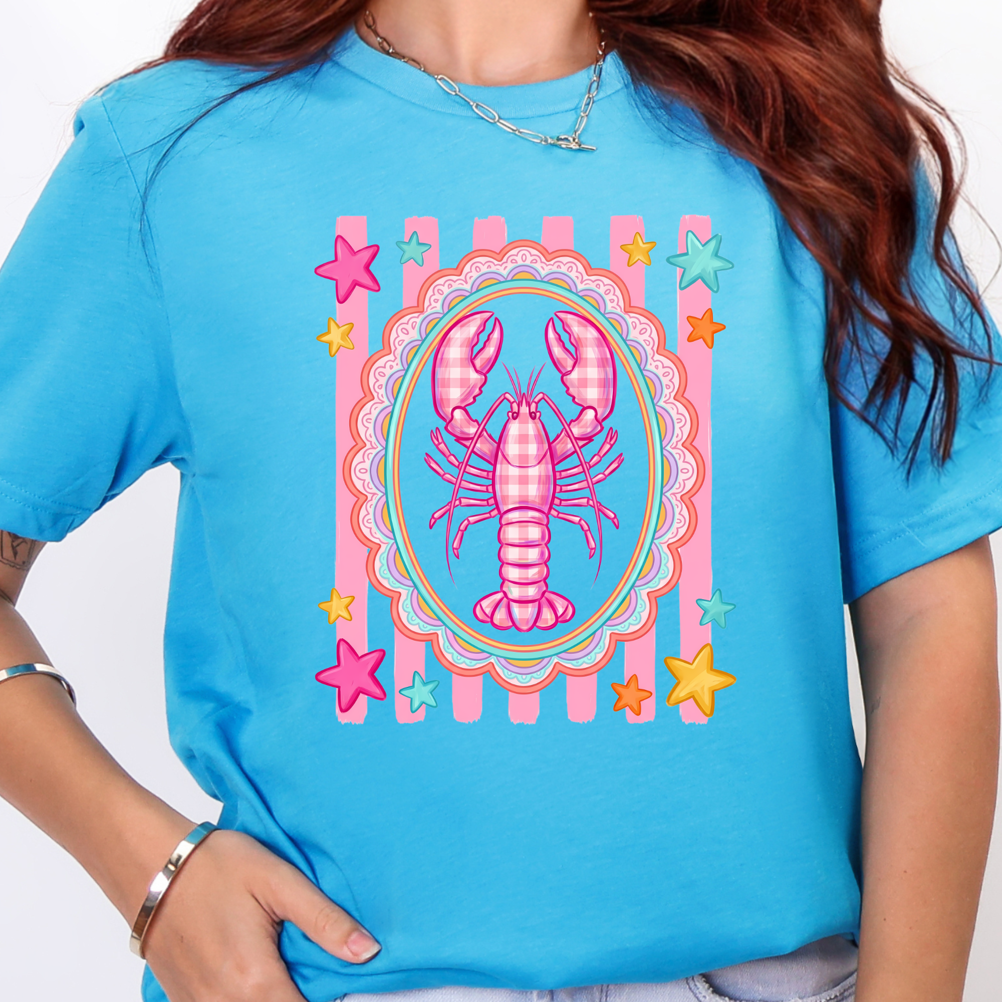 Pink Lobster Graphic Tee - Heather Aqua