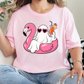 Ghost with Pink Flamingo Graphic Tee - Soft Pink