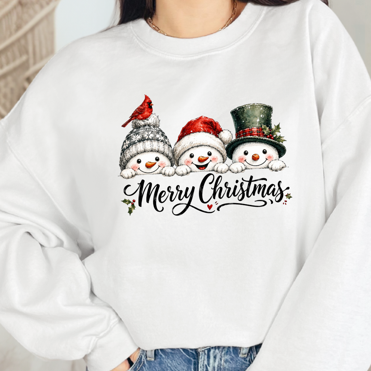 Christmas Snowman Trio Graphic Sweatshirt - White