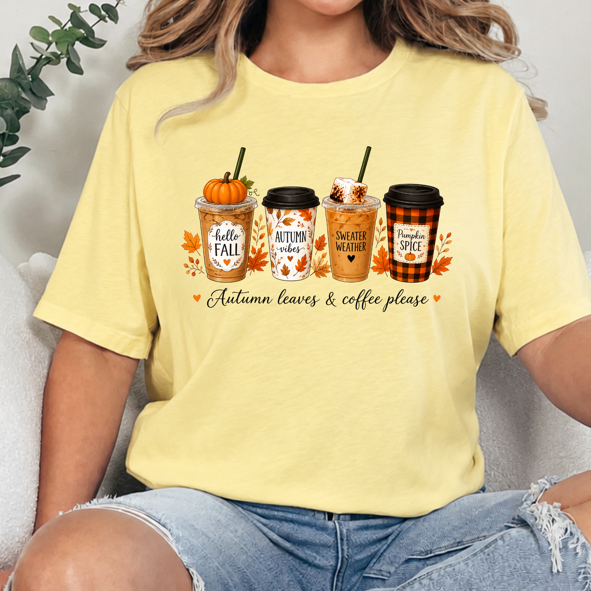 Autumn Leaves & Coffee Please Graphic Tee - Heather French Vanilla