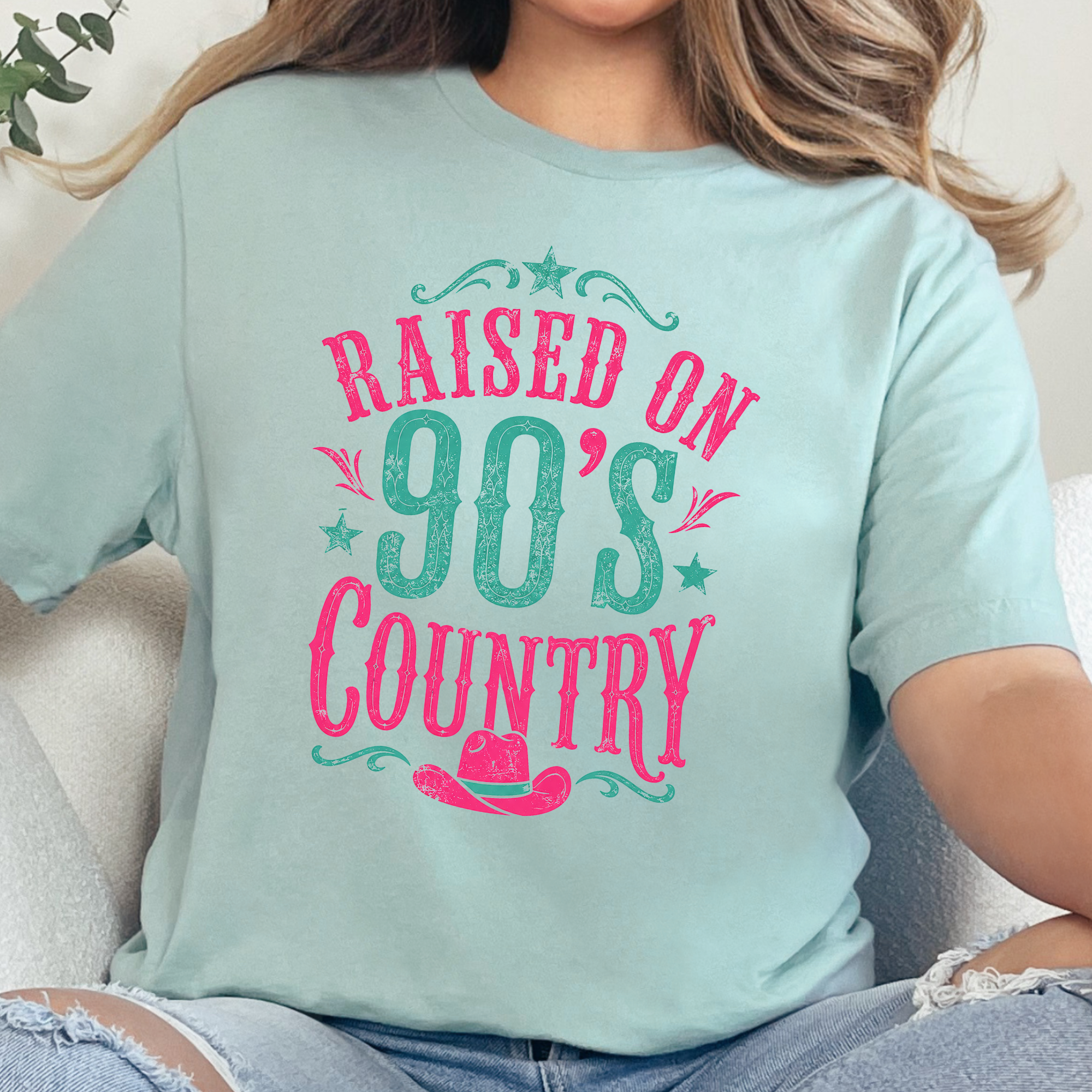 Raised on 90s Country Graphic Tee - Dusty Blue