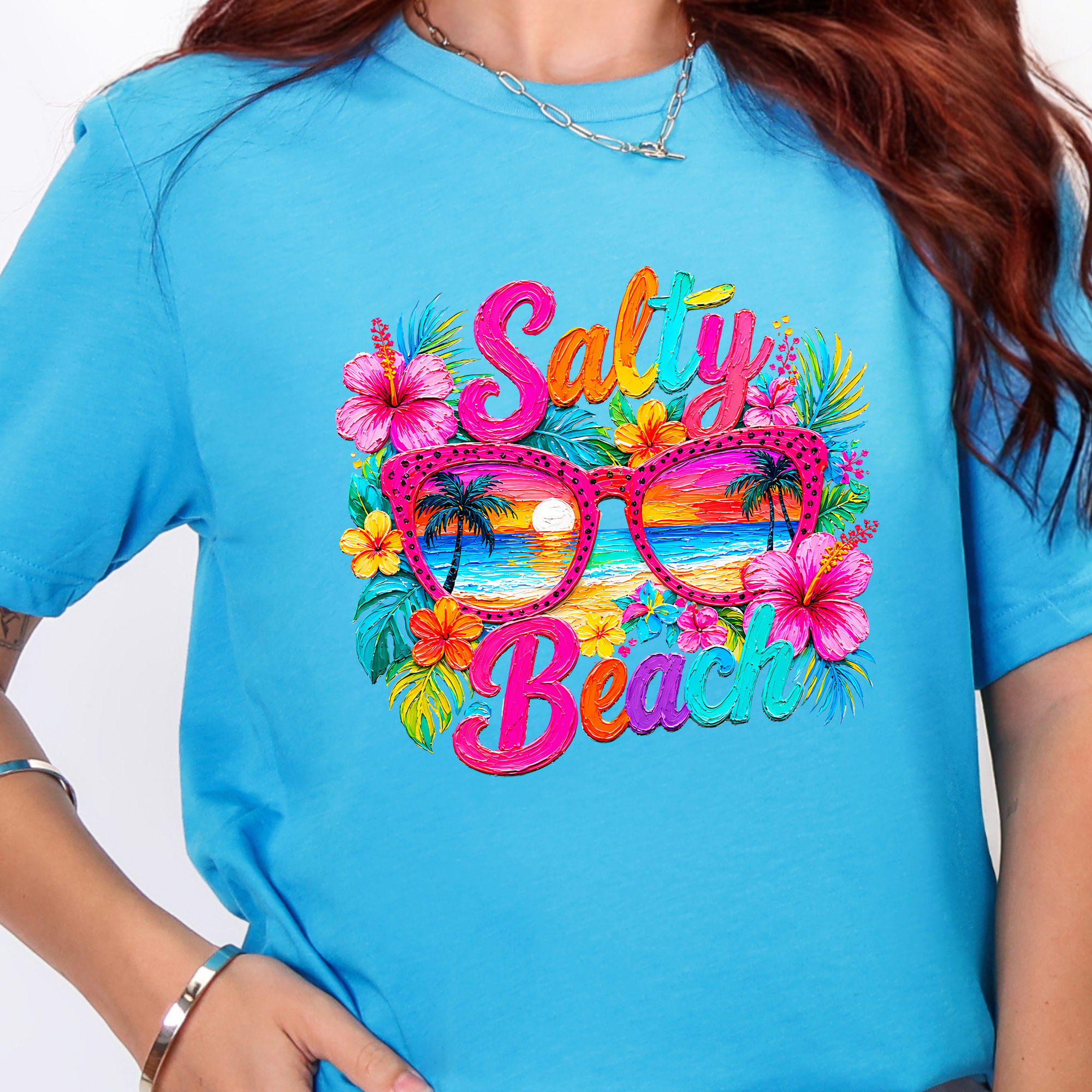 Floral Salty Beach Graphic Tee - Heather Aqua