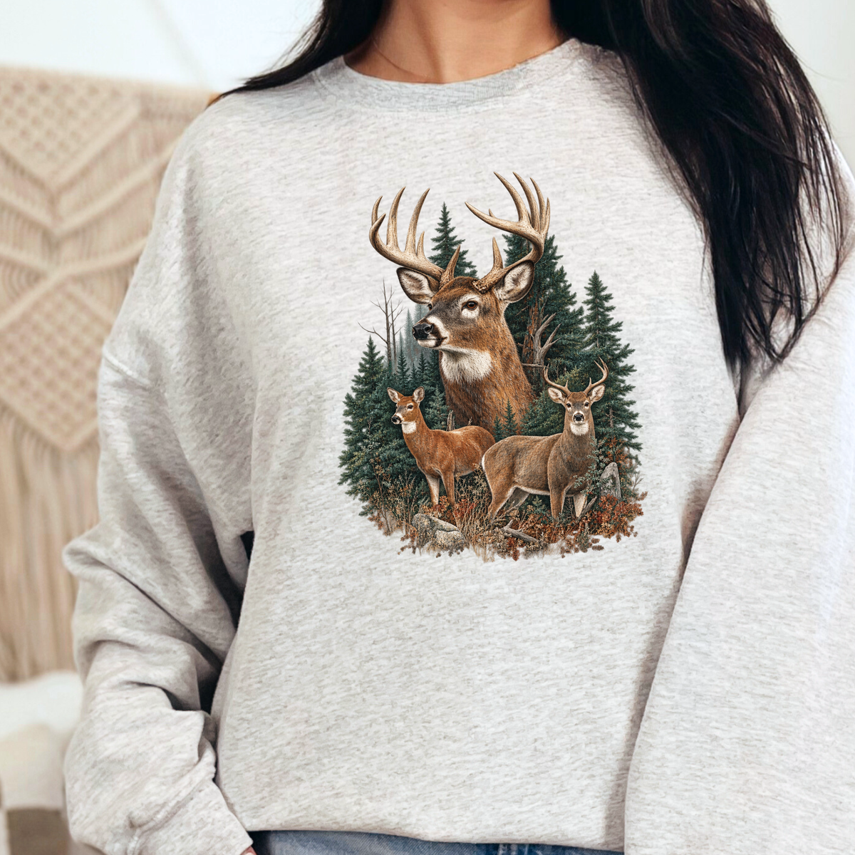 Forest Three Deer Graphic Sweatshirt - Ash