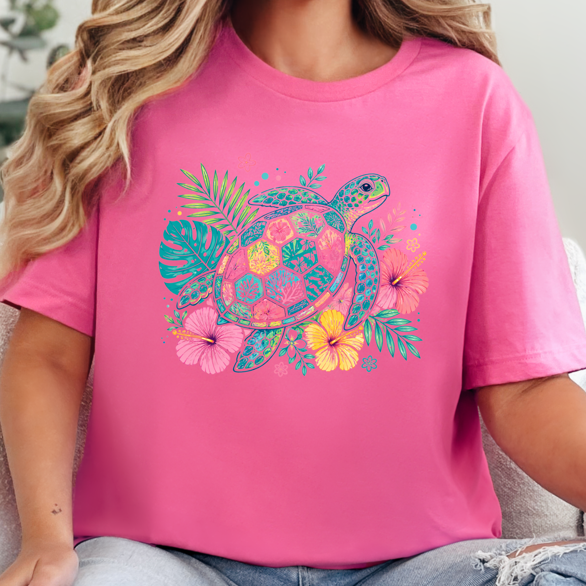 Floral Sea Turtle Graphic Tee - Charity Pink Tee