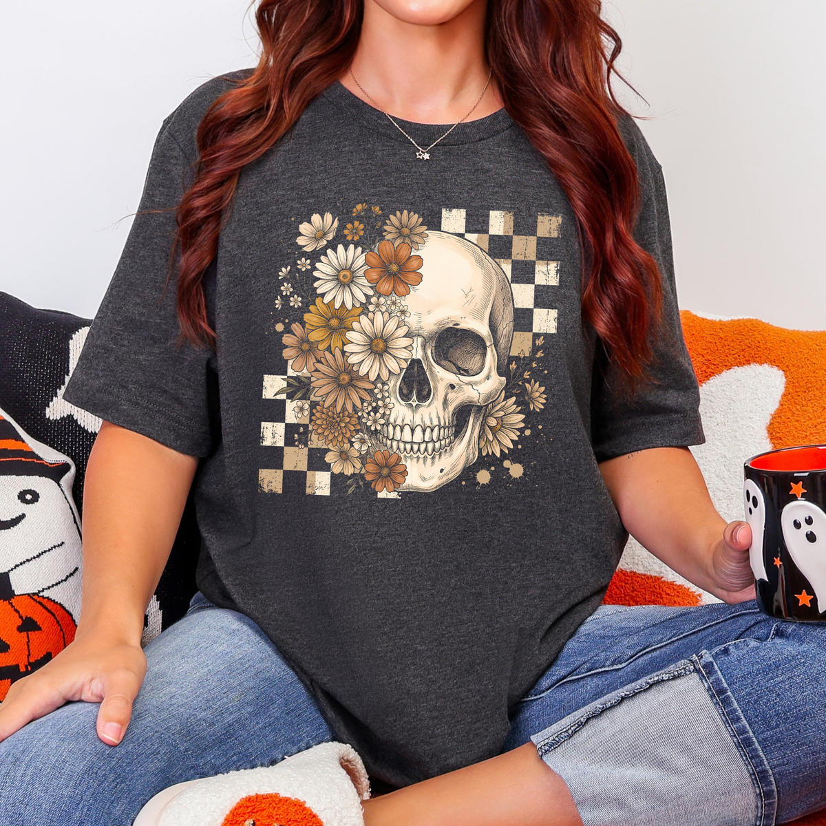 Retro Floral Skull Graphic Tee - Dark Grey Heather