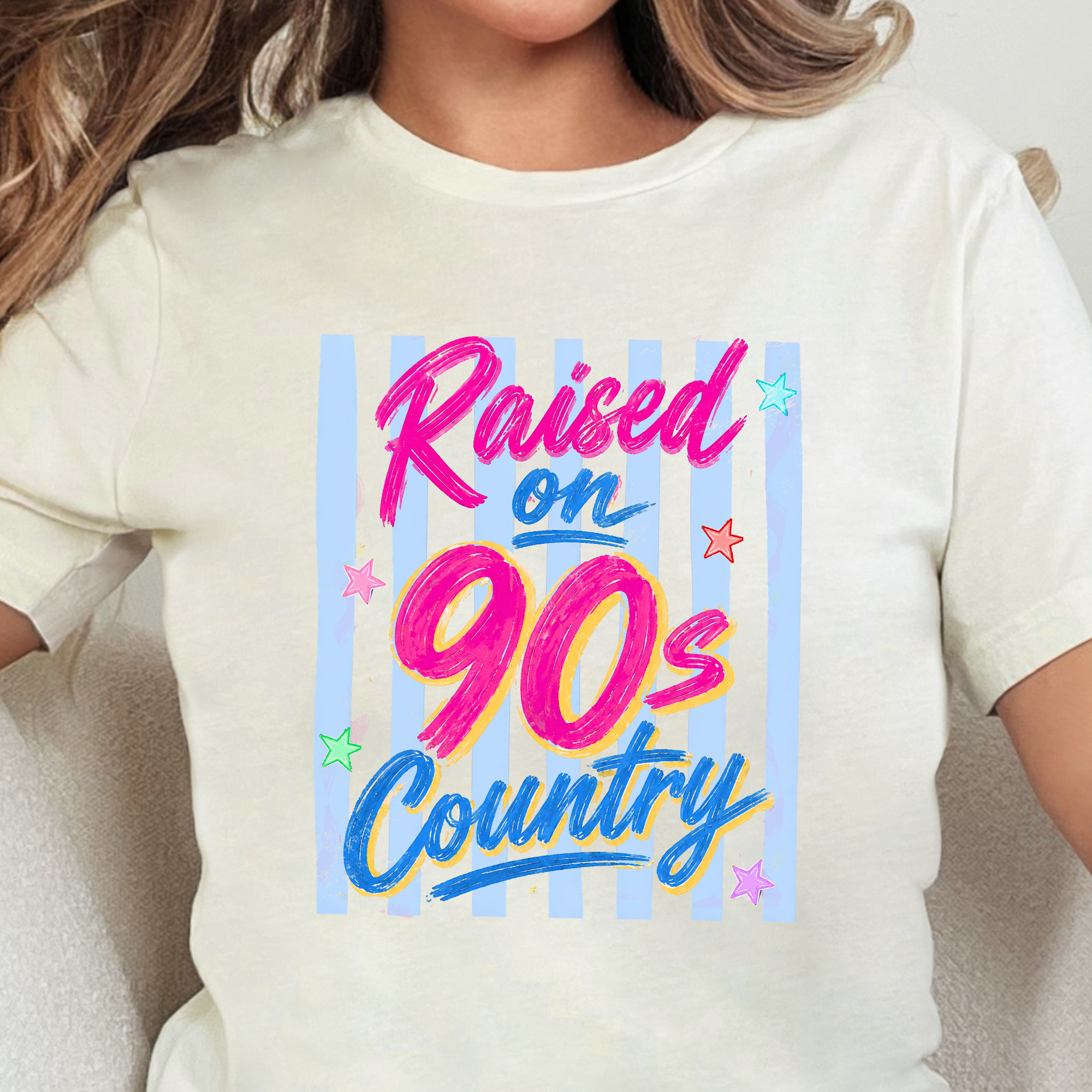 Raised on 90s Country Stripes Graphic Tee - Natural