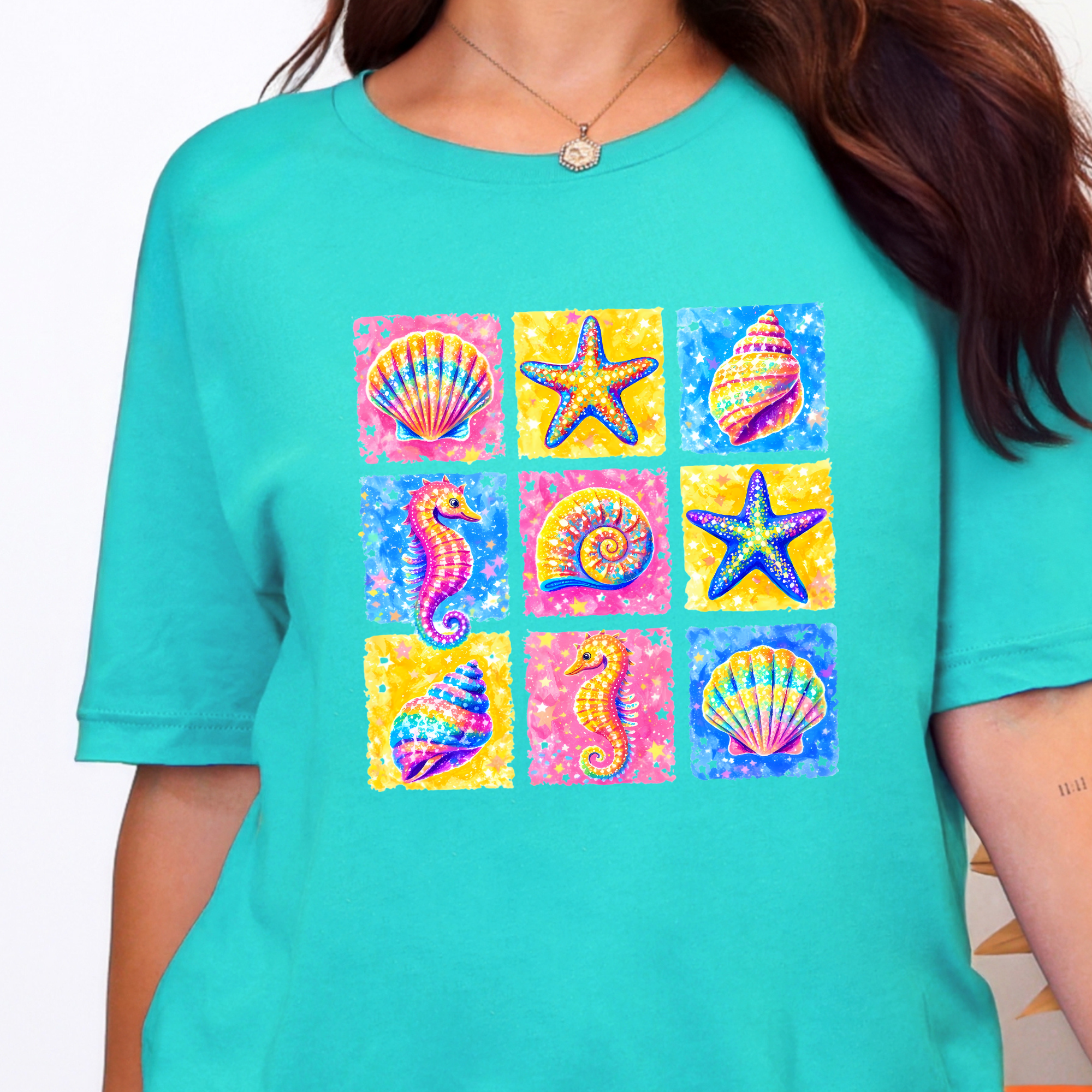 Preppy Summer Grid Graphic Tee - Heather Sea Green