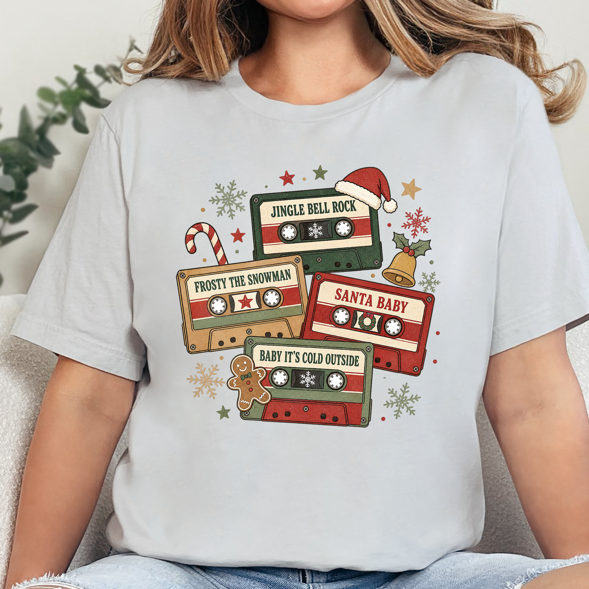 Vintage Christmas Cassettes Graphic Tee - Silver