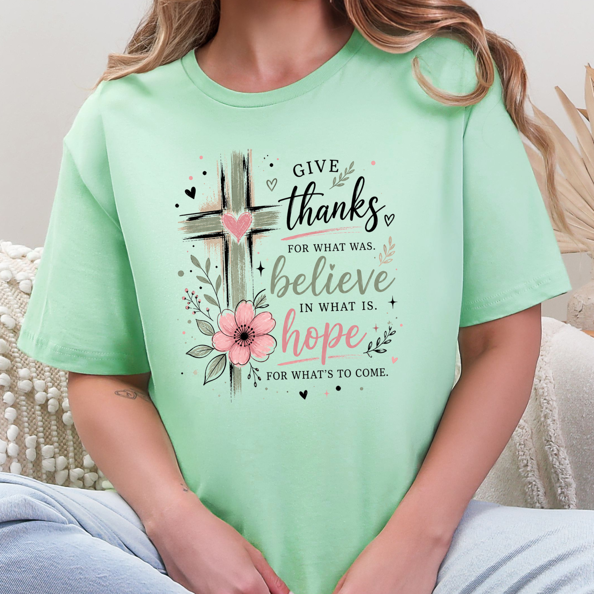Give Thanks Believe Hope Graphic Tee - Mint