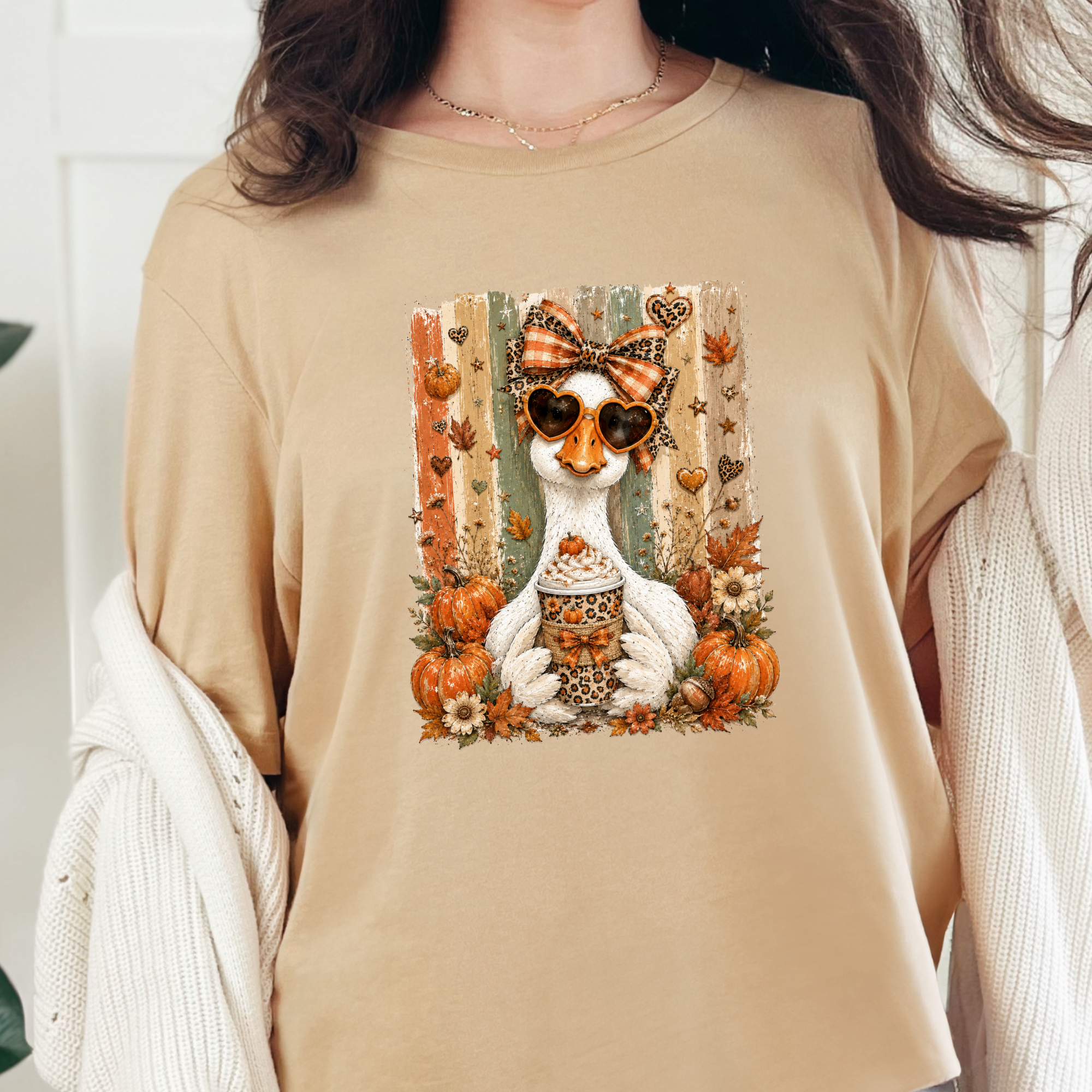 Preppy Fall Goose Graphic Tee - Sand Dune