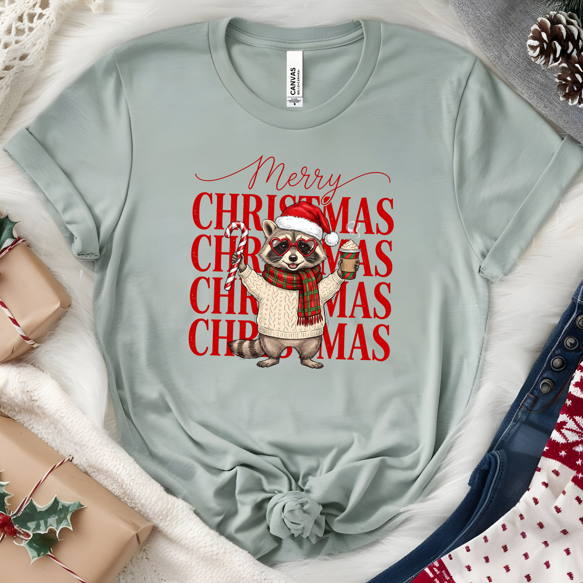 Merry Christmas Raccoon Graphic Tee - Heather Sage