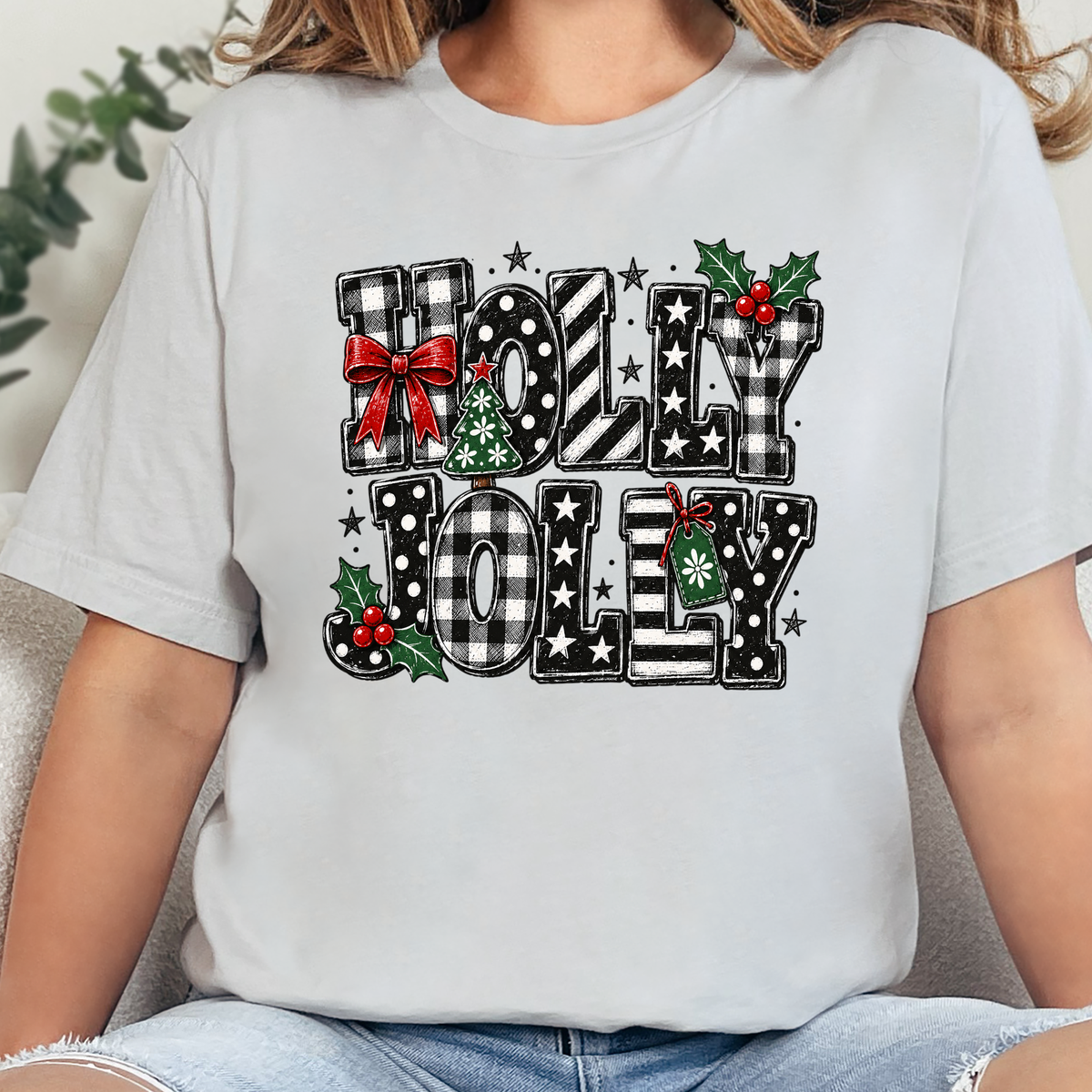 Holly Jolly Plaid Christmas Graphic Tee- Silver