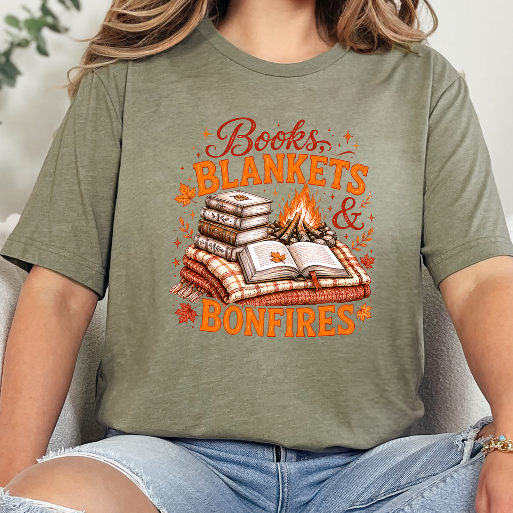 Books, Blankets & Bonfires Graphic Tee - Heather Olive