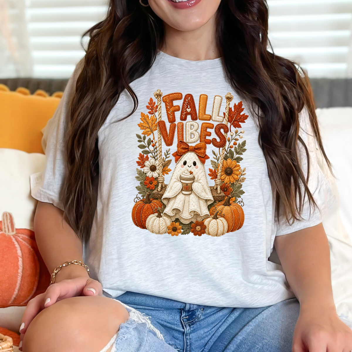 Floral Ghost Autumn Patchwork Graphic Tee - Ash