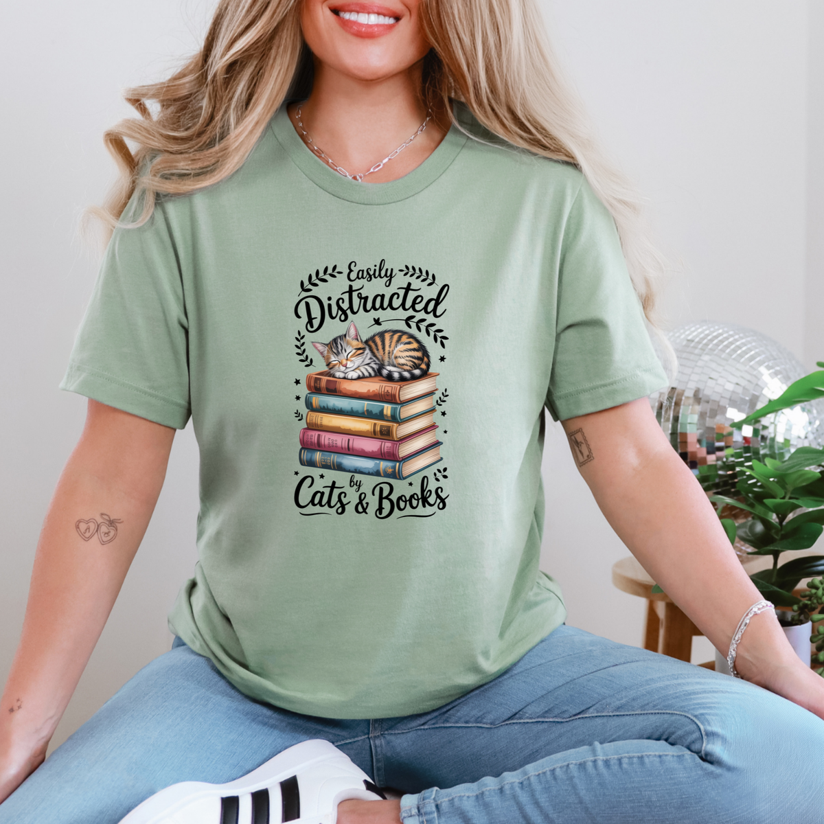 Easily Distracted by Cats & Books Graphic Tee - Sage Tee