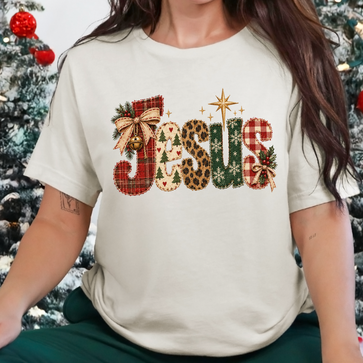 Christmas Patchwork Jesus Graphic Tee - Natural