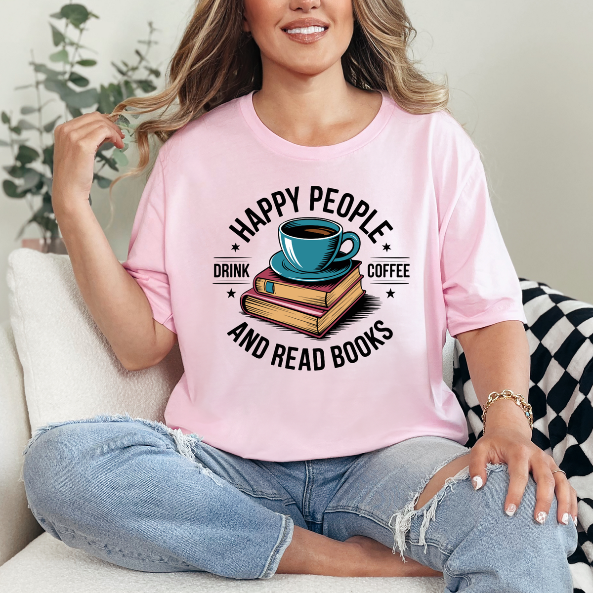 Drink Coffee & Read Books Graphic Tee - Soft Pink Tee
