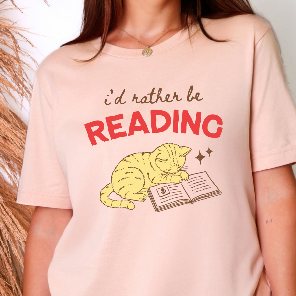 I'd Rather Be Reading Cat Graphic Tee - Peach