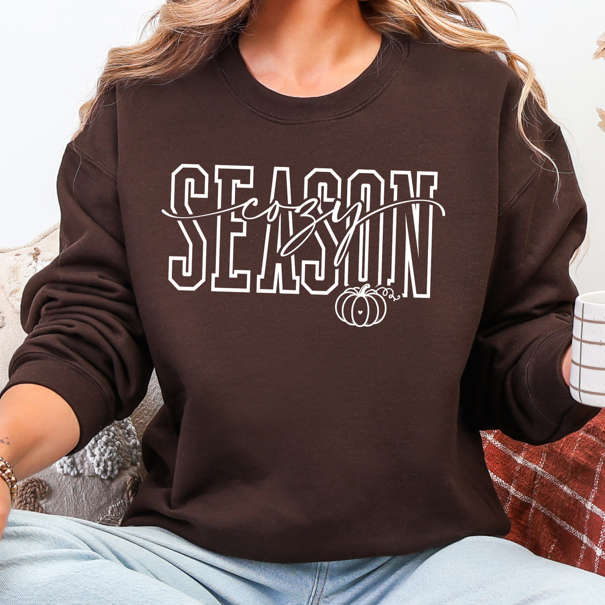 Cozy Season White Graphic Sweatshirt - Dark Chocolate