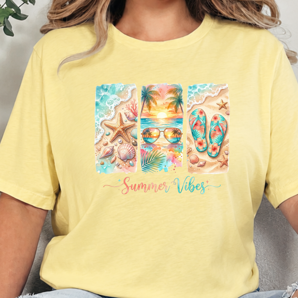 Summer Vibes Beach Graphic Tee - Heather French Vanilla