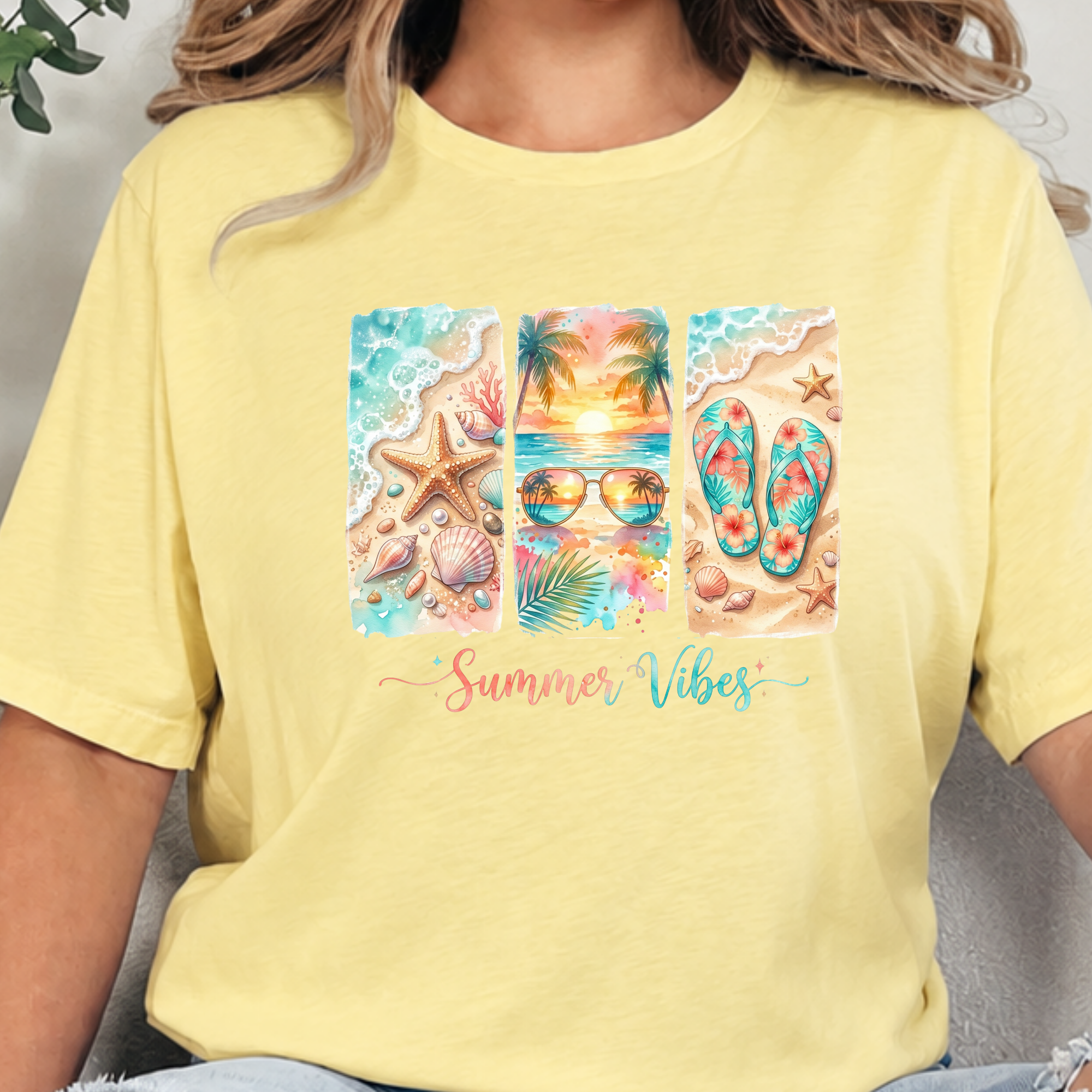 Summer Vibes Beach Graphic Tee - Heather French Vanilla
