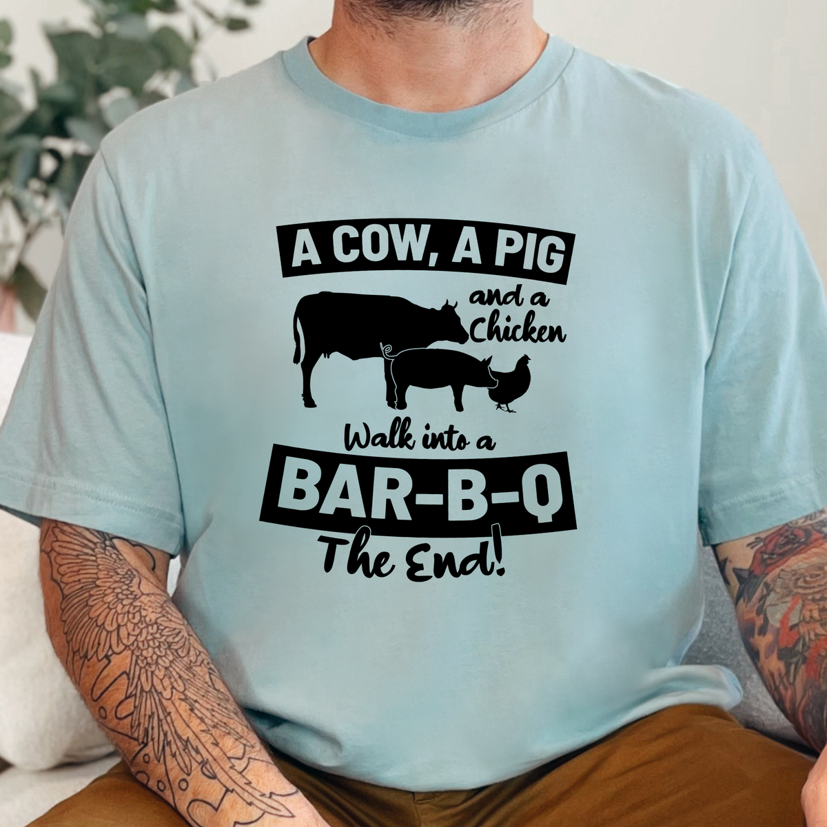 Cow, Pig & Chicken Bar B Q Graphic Tee - Dusty Blue