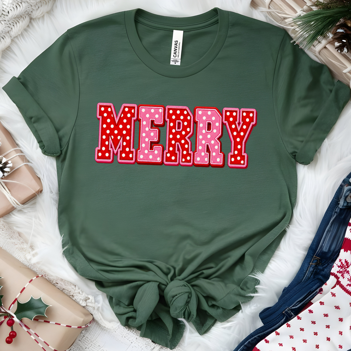 Polka Dot Merry Graphic Tee- Heather Grass Green